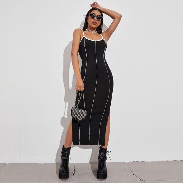 

M-slim Hem Stitch Trim Bodycon Dress, Black