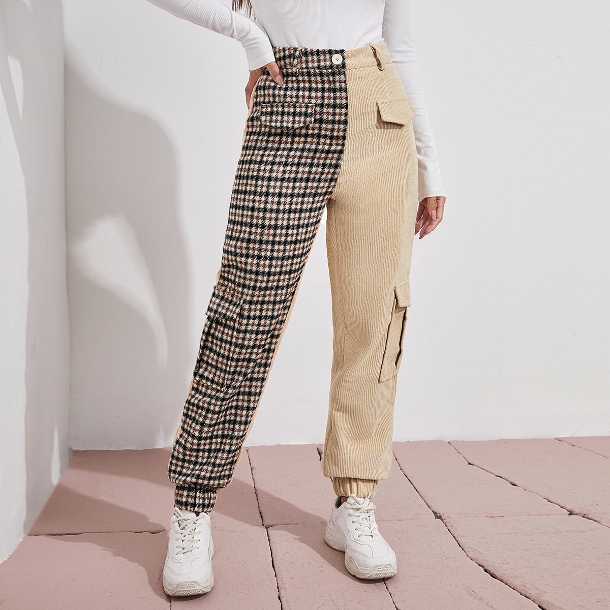 Image of Flap Pocket Colourblock Tartan Cargo Trousers