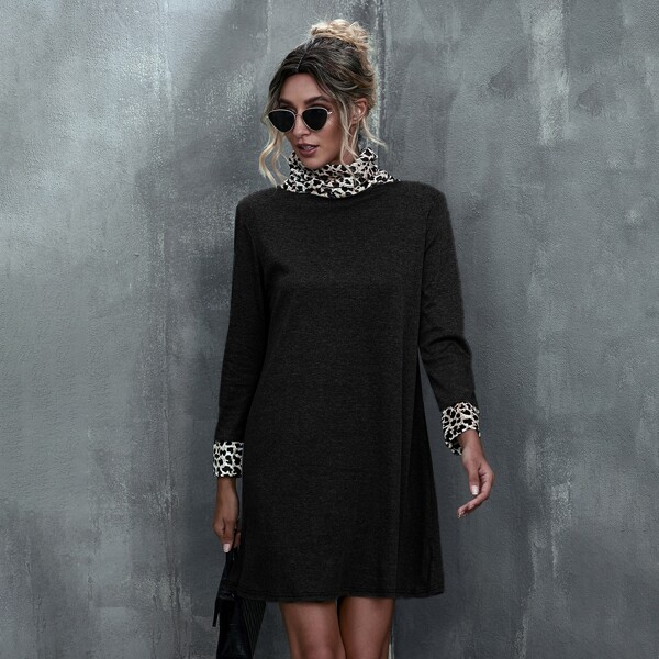 

Funnel Neck Contrast Leopard Tee Dress, Black