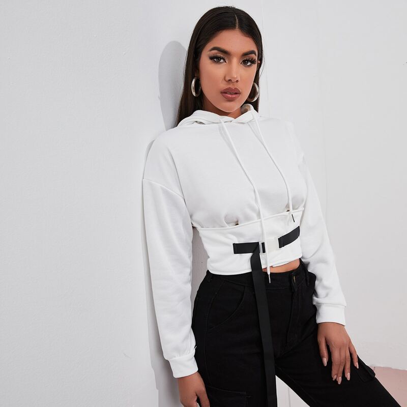 

Buckle Detail Drop Shoulder Drawstring Crop Hoodie, White