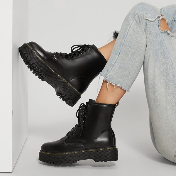 

Faux Leather Lace-Up Platform Ankle Boots, Black