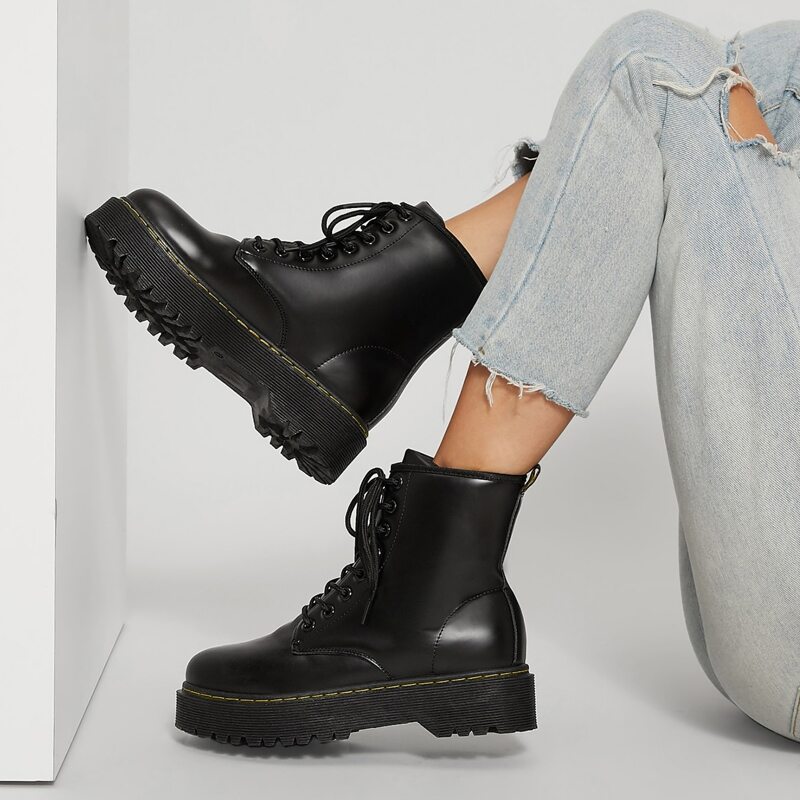

Faux Leather Lace-Up Platform Ankle Boots, Black