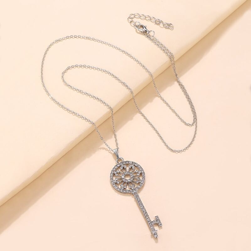 

Rhinestone Key Charm Necklace, Silver