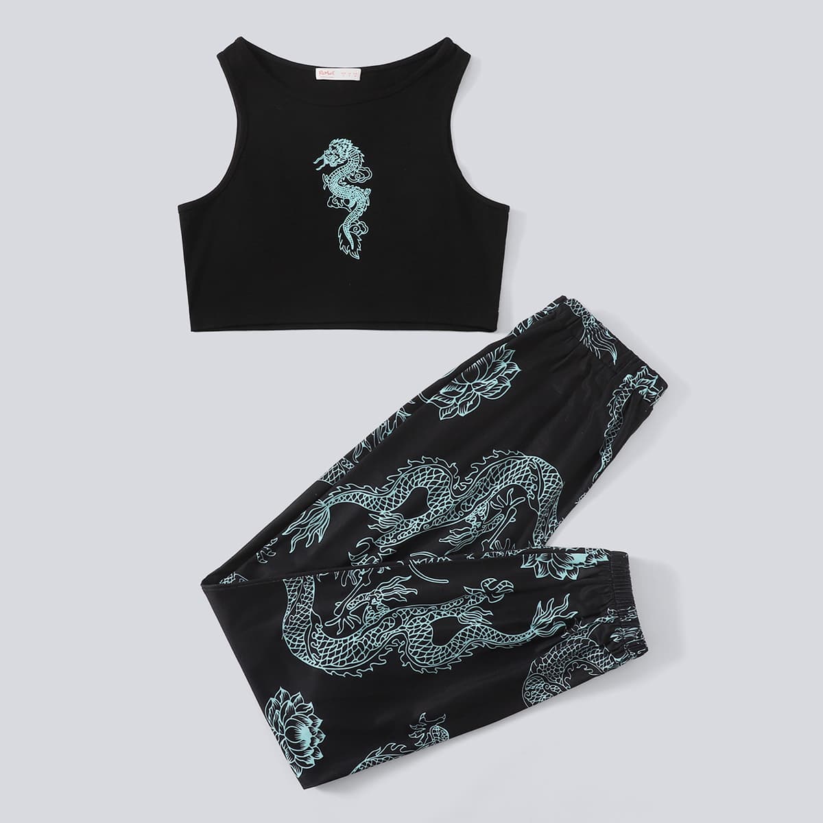 

Chinese Dragon Pattern Tank & Joggers, Black
