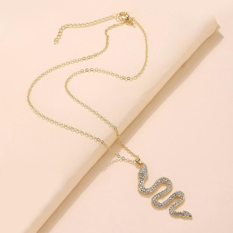 

Rhinestone Snake Charm Necklace, Gold