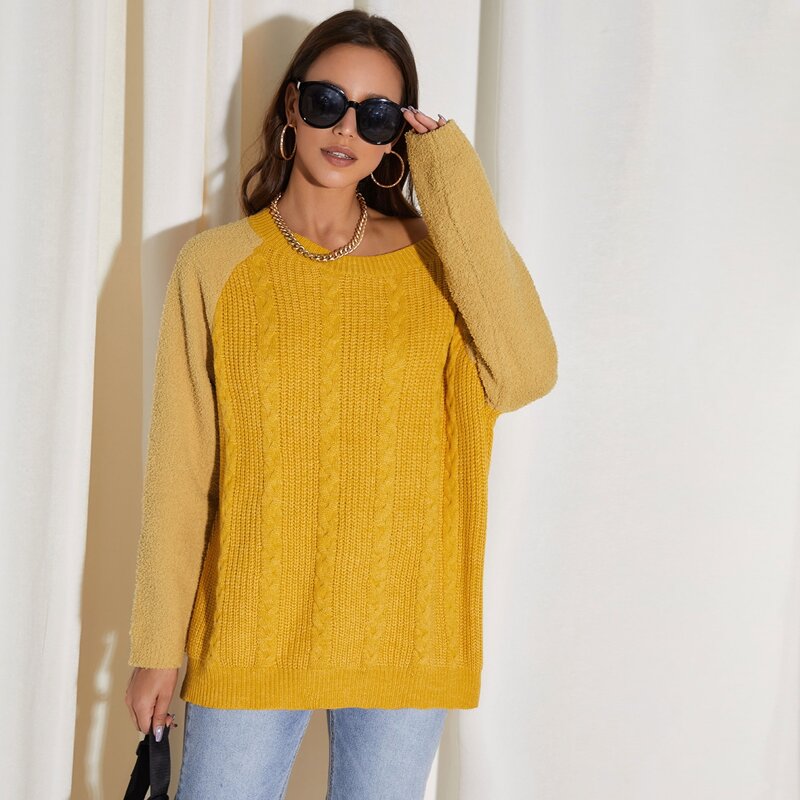 

Raglan Sleeve Cable Knit Longline Sweater, Yellow