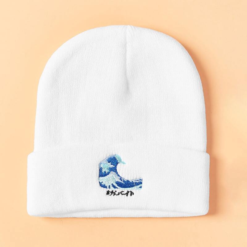 

Wave Embroidery Beanie, White