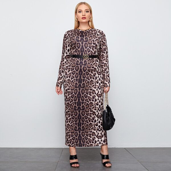 

Plus Leopard Print Tee Dress Without Belt, Multicolor