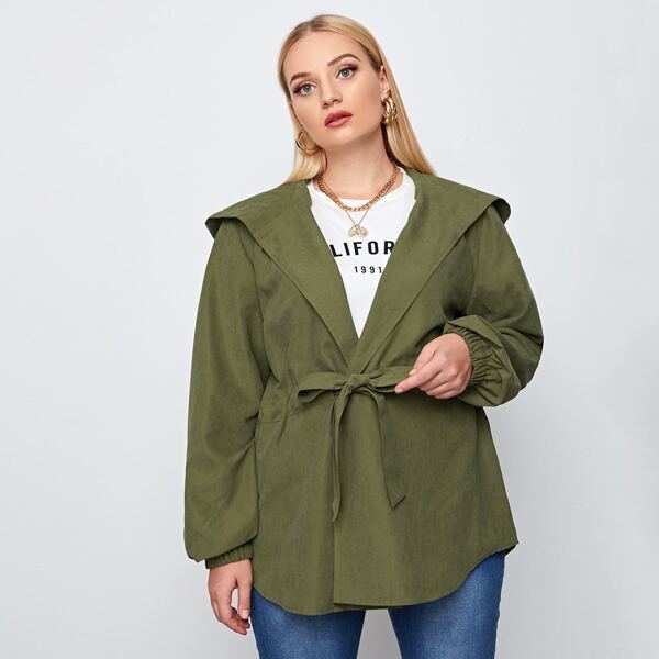 

Plus Drawstring Waist Hooded Coat, Army green