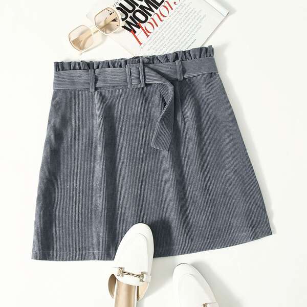 

Plus Corduroy Paper Bag Waist Belted Skirt, Dusty blue
