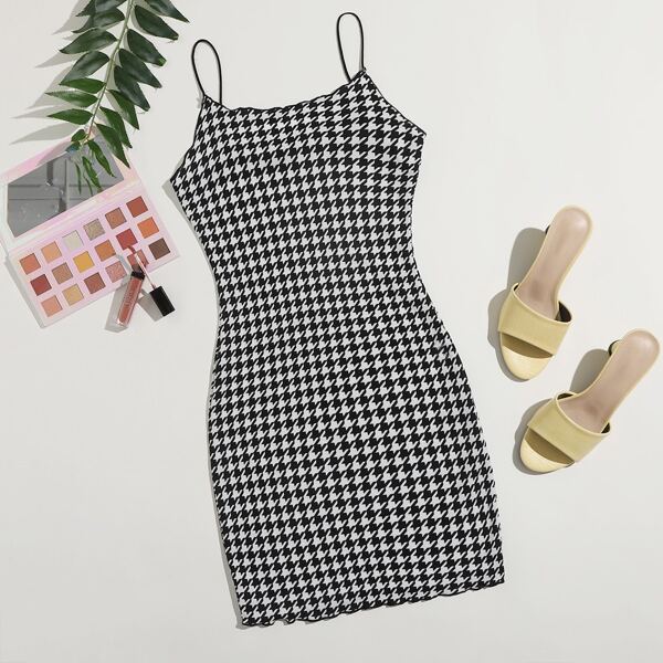 

Lettuce Trim Houndstooth Bodycon Dress, Black and white