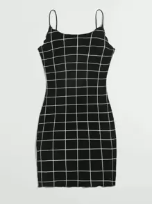 SHEIN Privé Đầm Lộ Lưng Sọc ca rô Gợi cảm - màu đen - Xem 5