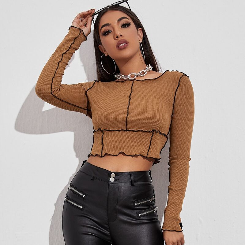 

Lettuce Trim Rib-knit Crop Top, Brown