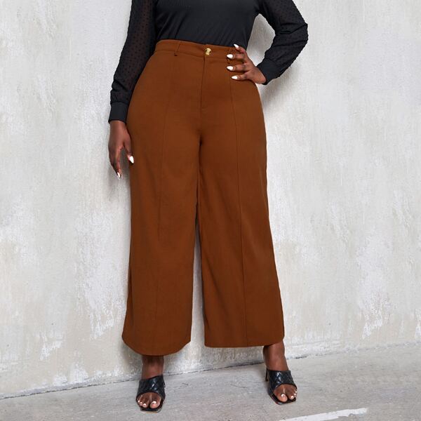 

Plus Suede Zipper Fly Wide Leg Pants, Rust brown