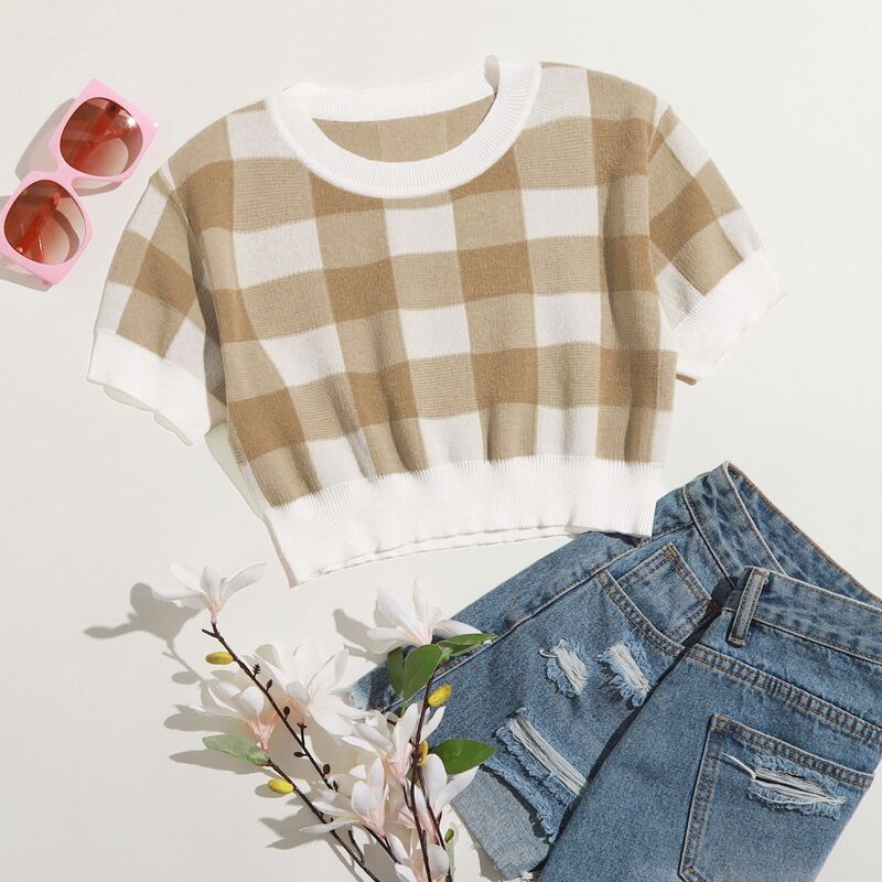 

Gingham Crop Knit Top, Khaki