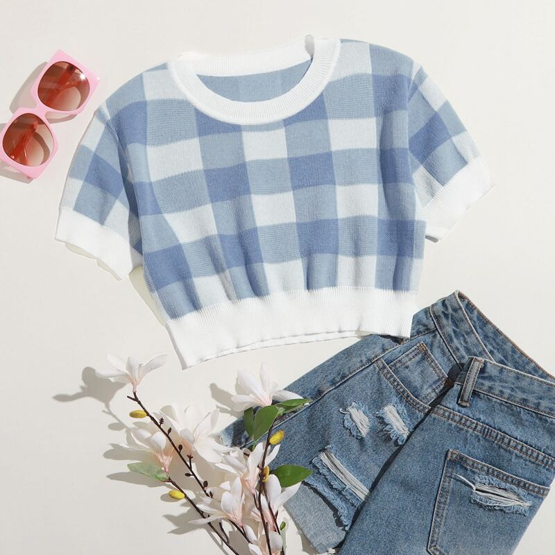 

Gingham Crop Knit Top, Baby blue