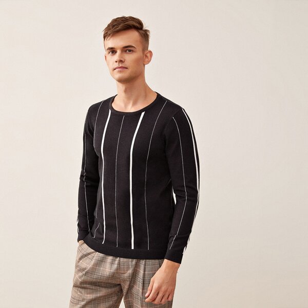 

Men Striped Round Neck Sweater, Chocolate brown