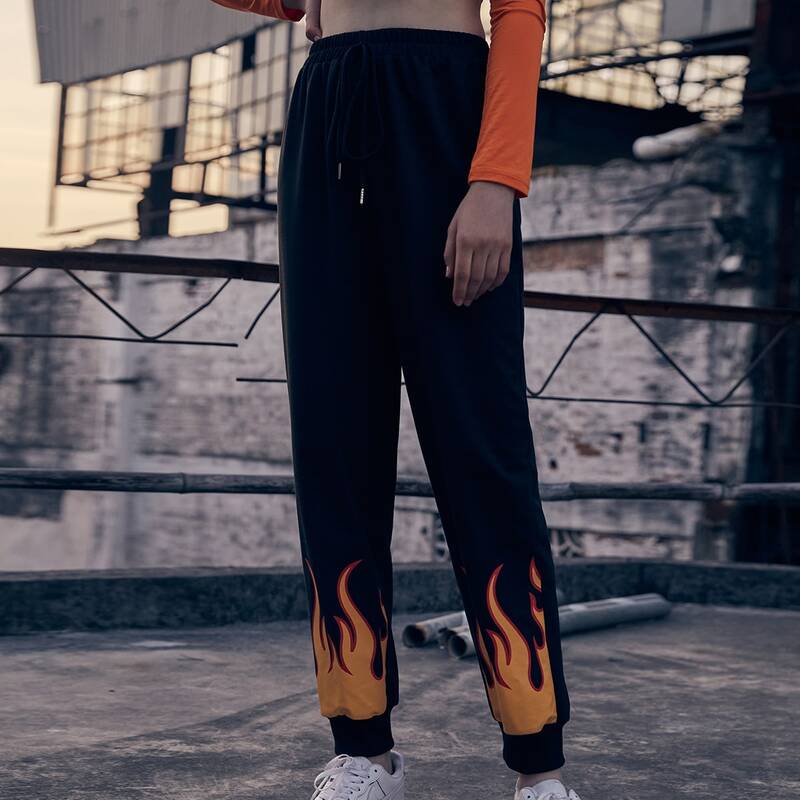 

Fire Graphic Drawstring Sweatpants, Black