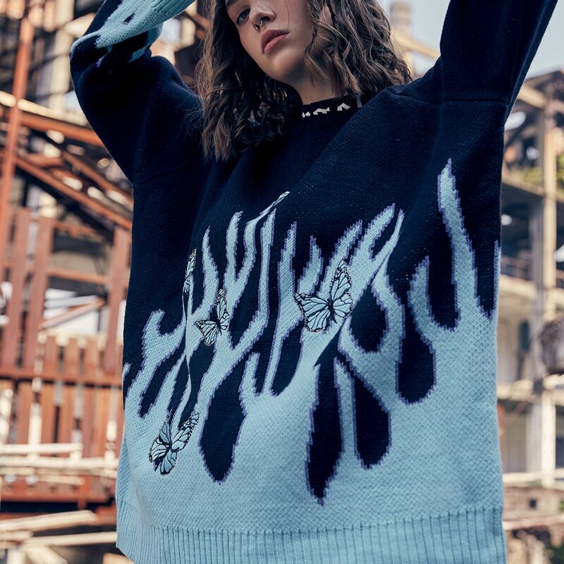 

Butterfly & Fire Pattern Oversized Sweater, Multicolor