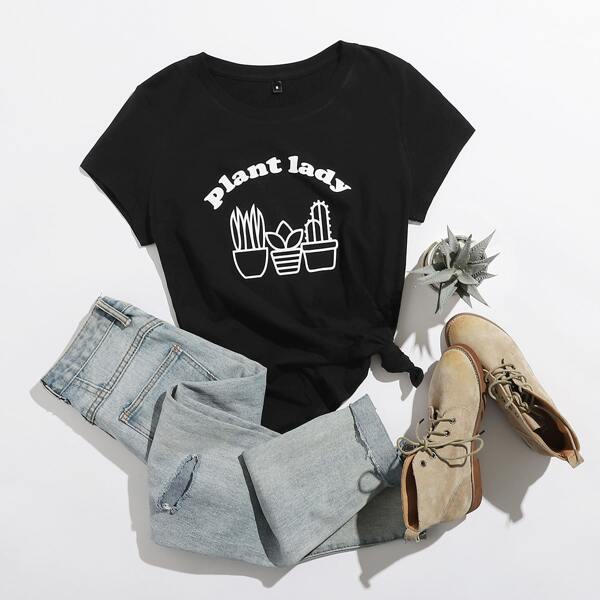 

Plants And Slogan Graphic Tee, Black