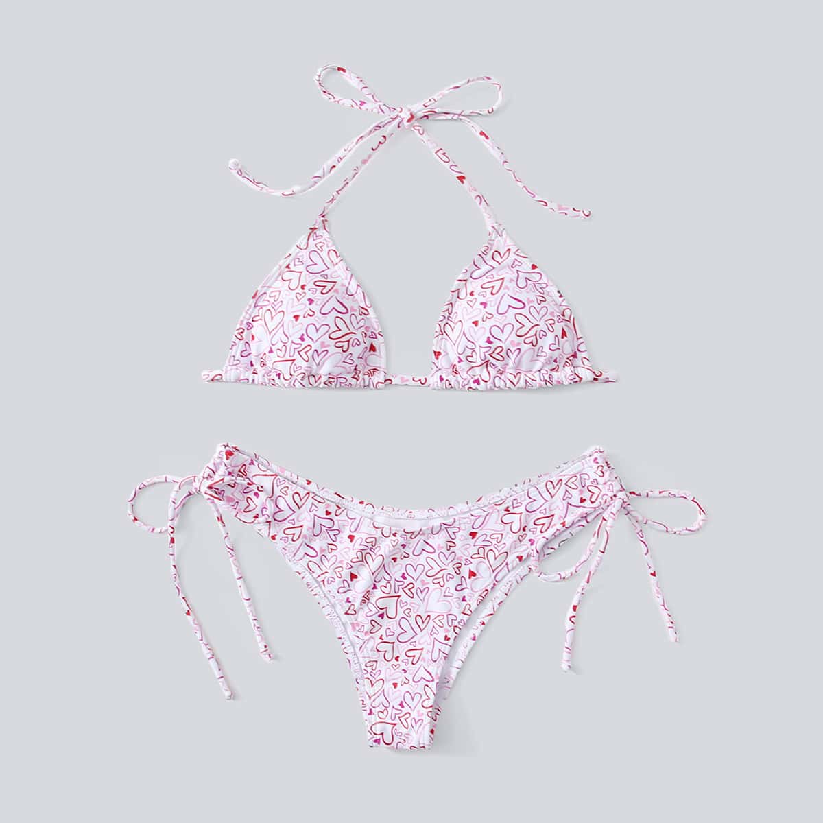 

Heart Print Drawstring Side Bikini Swimsuit, Multicolor