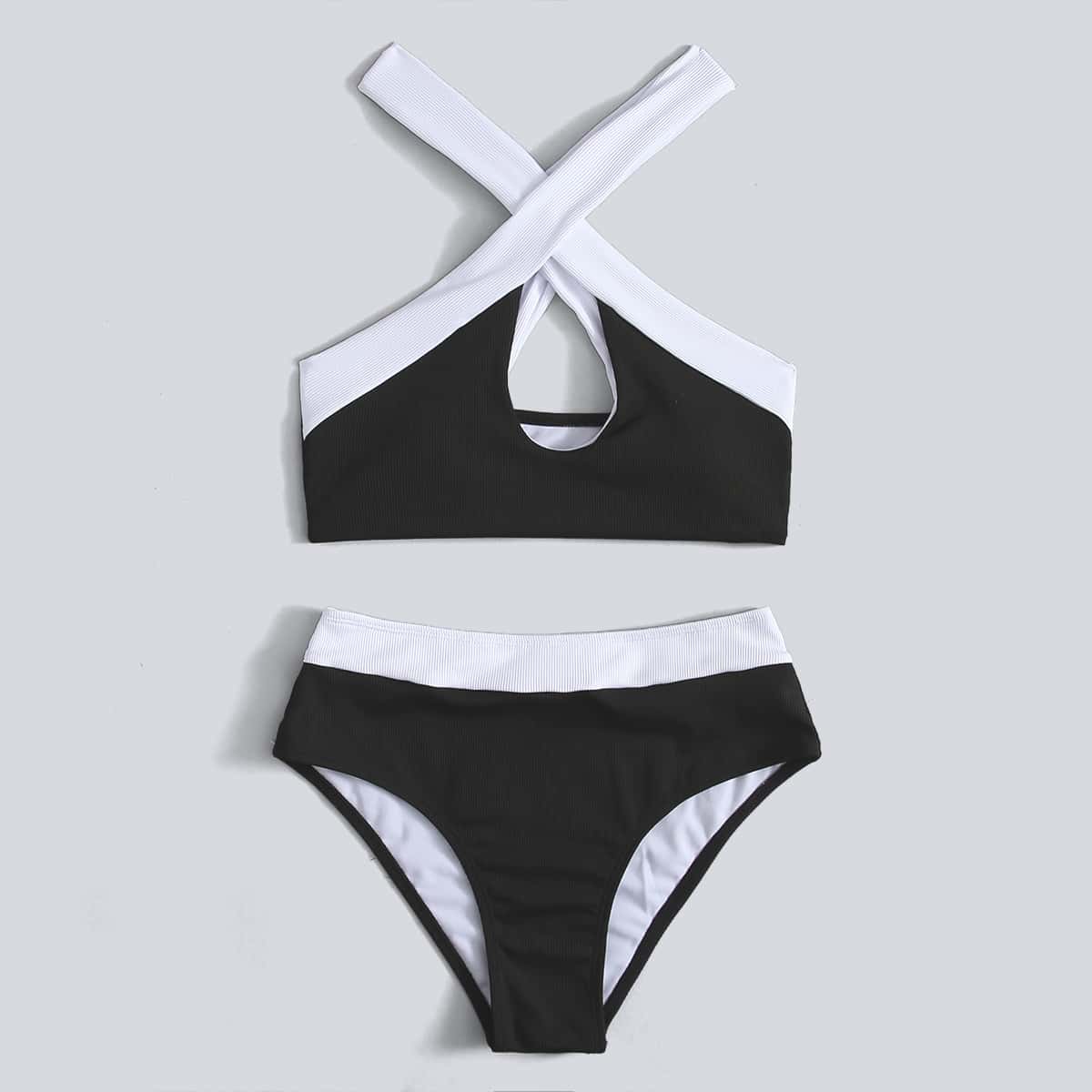

Crisscross High Waist Bikini Swimsuit, Black and white