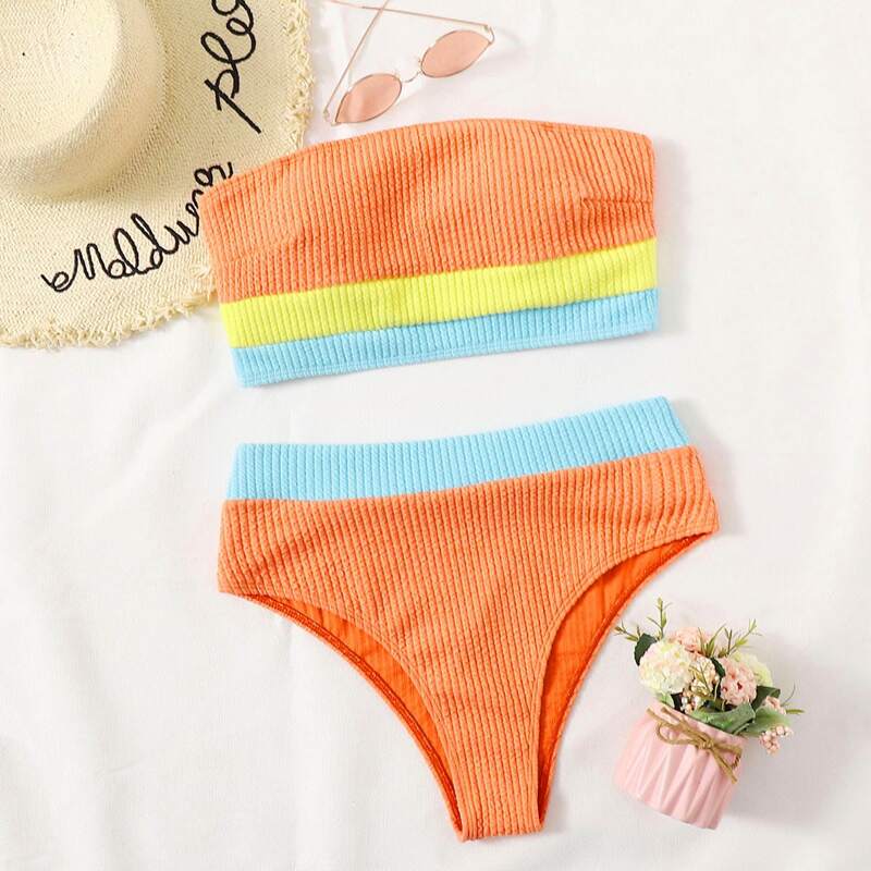 

Colorblock Bandeau High Waist Bikini Swimsuit, Multicolor