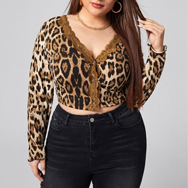 

Plus Leopard Print Button Front Lace Trim Crop Top, Multicolor