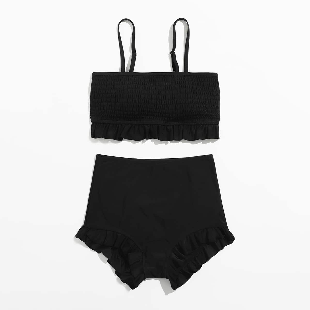 

Smocked Frill Trim Bikini Swimsuit, Black