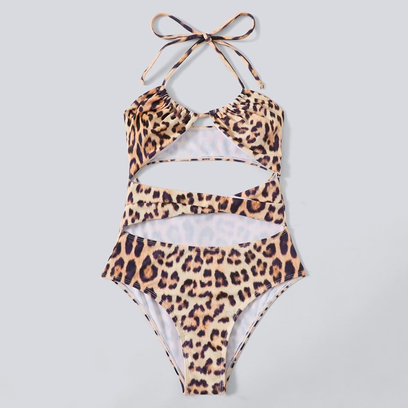 

Leopard Cut-out Halter One Piece Swimsuit, Multicolor