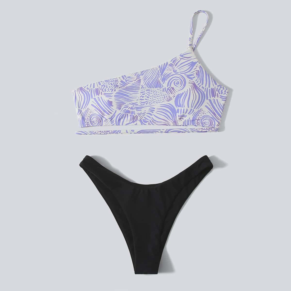 

Graphic One Shoulder High Leg Bikini Swimsuit, Multicolor