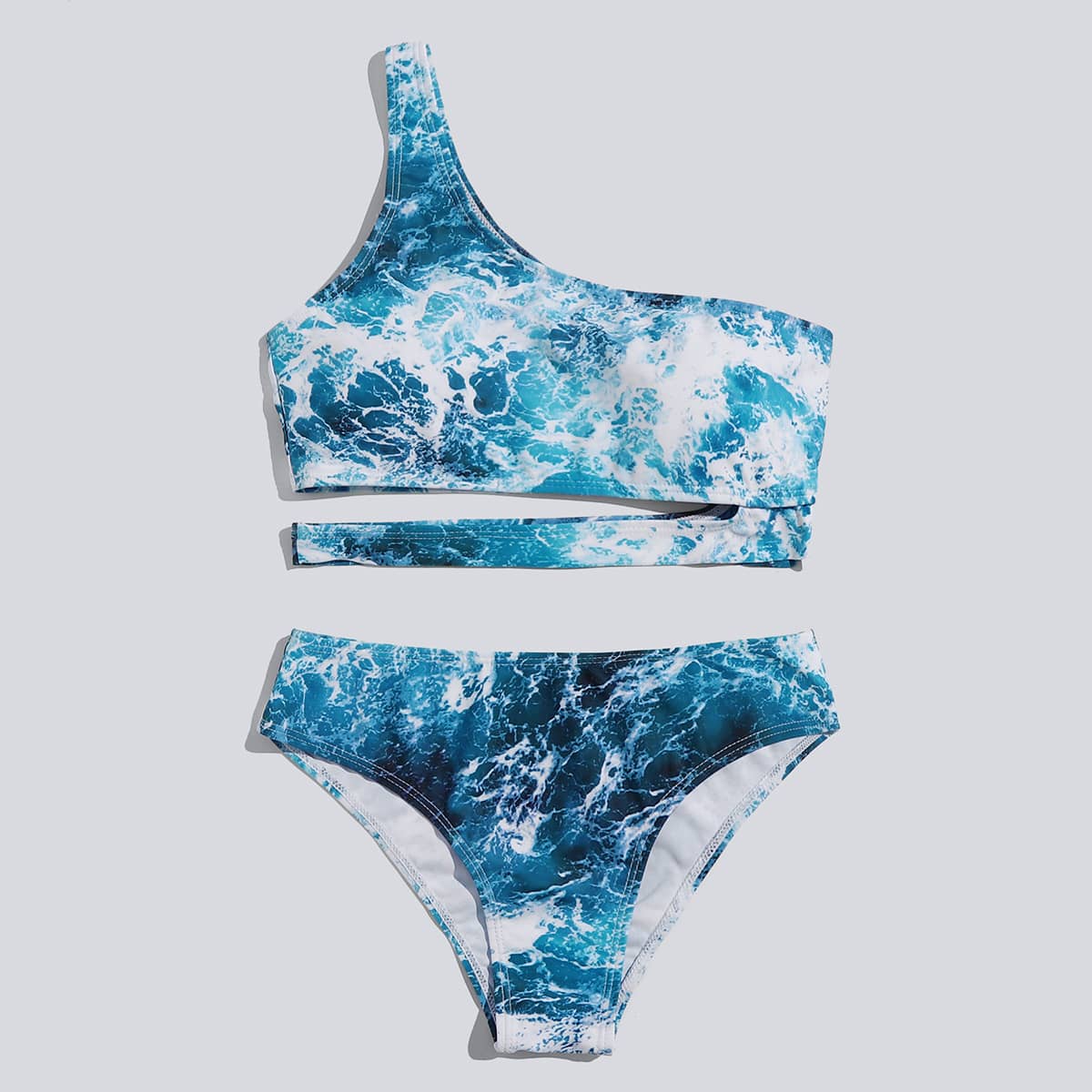 

Ocean Print One Shoulder Bikini Swimsuit, Blue