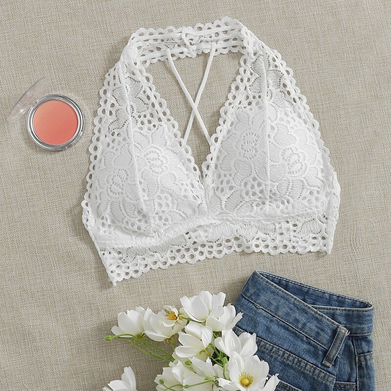 

Floral Lace Halter Bralette, White