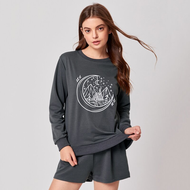 

Moon Graphic Sweatshirt & Shorts Lounge Set, Dark grey