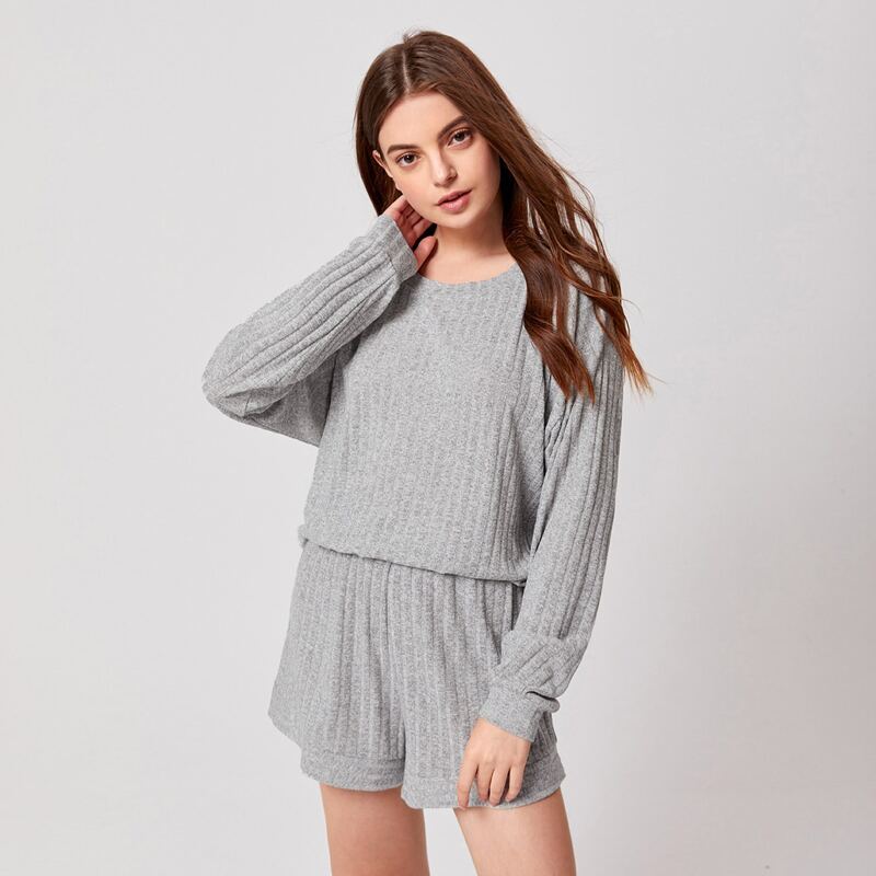 

Solid Rib-knit Lounge Set, Grey