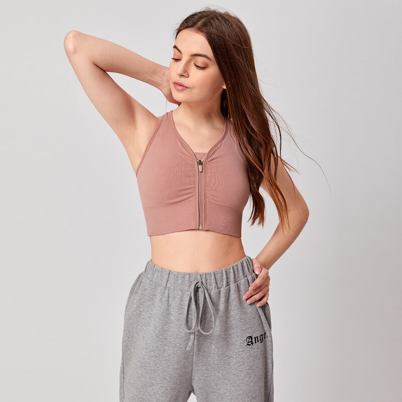 

Solid Zip Up Sports Bra, Dusty pink