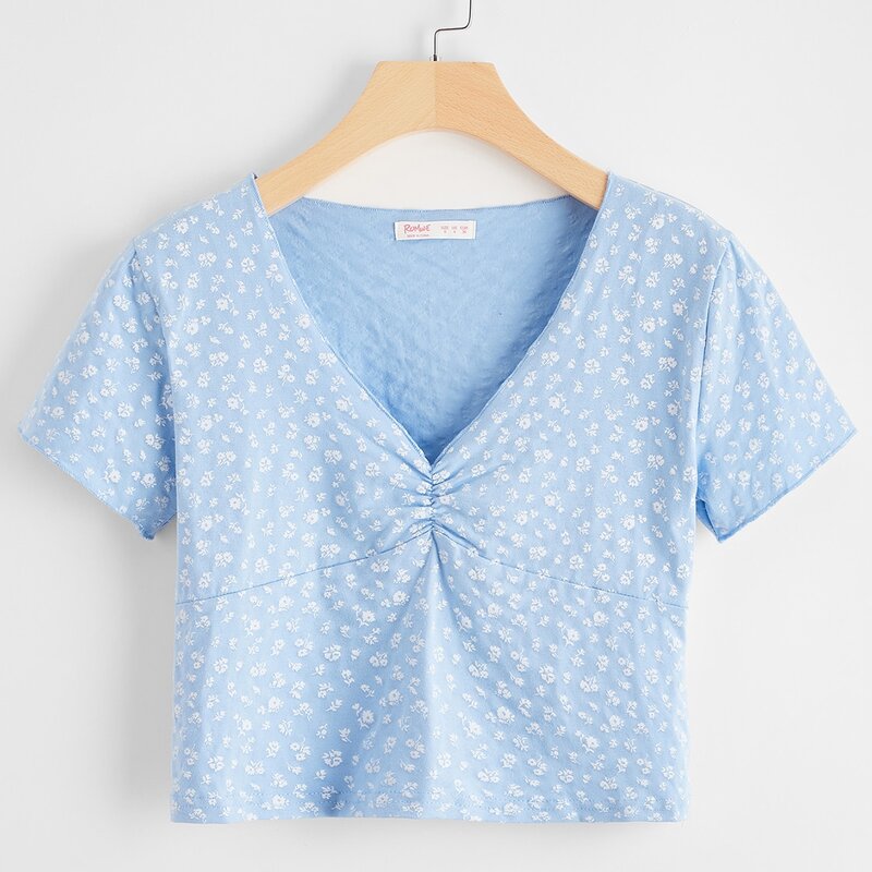 

Ditsy Flower Ruched Crop Tee, Baby blue