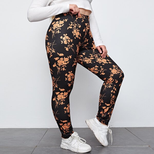 

Plus Floral Print High Waist Leggings, Multicolor