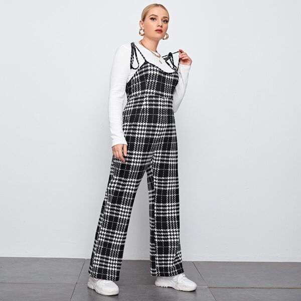

Plus Plaid Knot-straps Overall Jumpsuit, Black and white