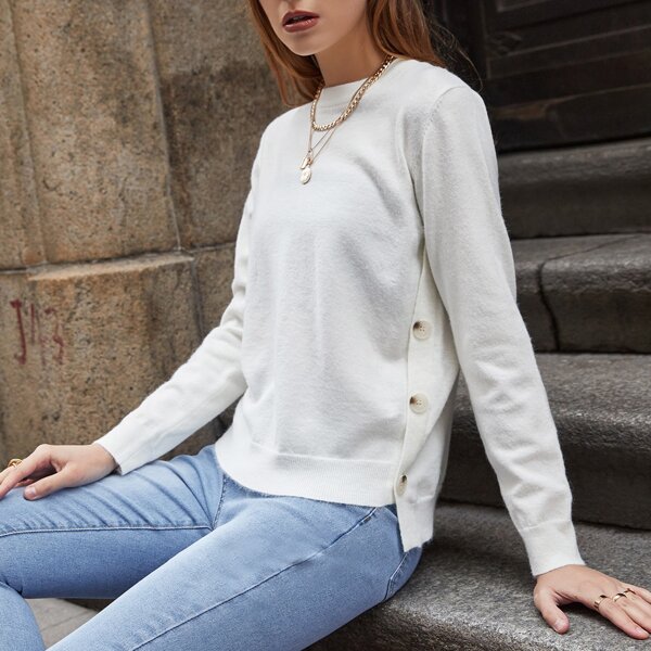 

Button Side High Low Sweater, White