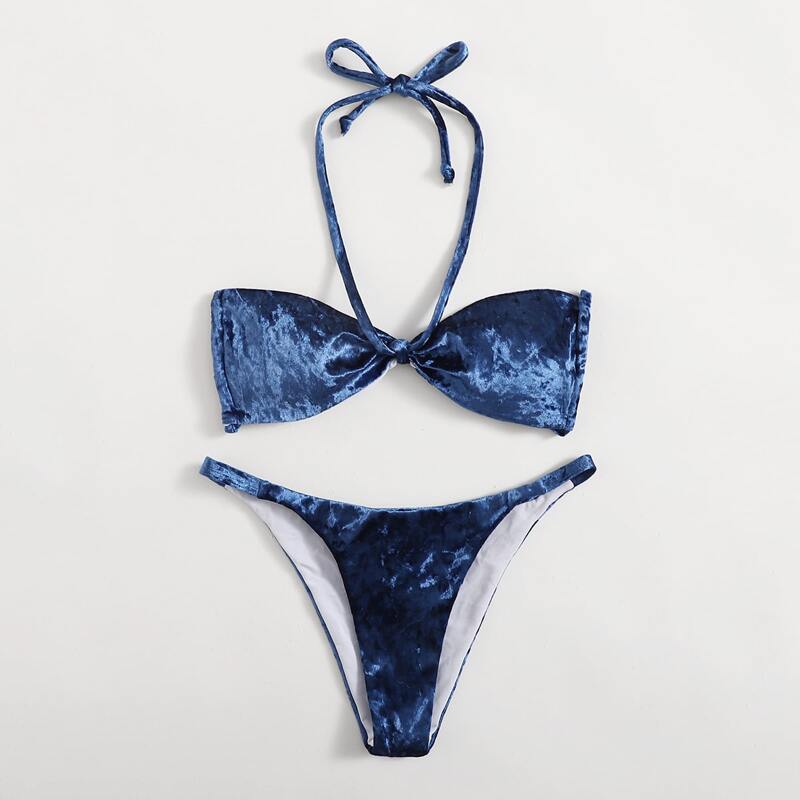 

Velvet Halter Bikini Swimsuit, Blue