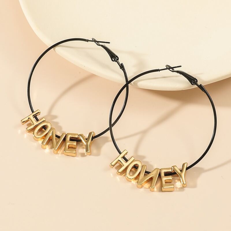 

1pair Letter Charm Hoop Earrings, Black
