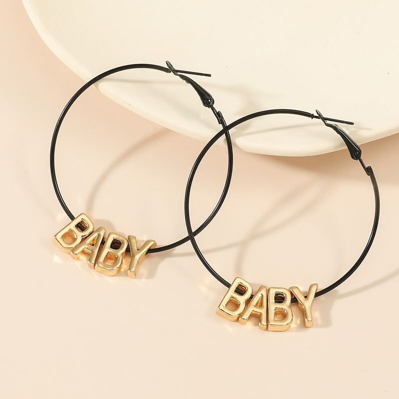 

1pair Letter Charm Hoop Earrings, Black