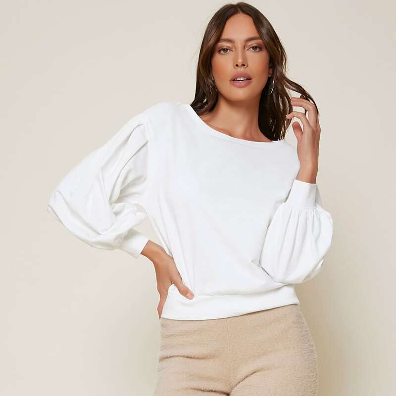 

Bishop Sleeve Solid Pullover, White