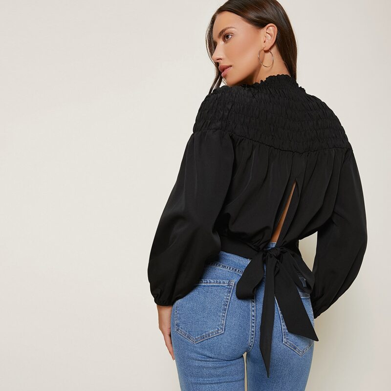

Shirred Detail Tie Back Top, Black