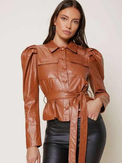Puff Sleeve Self Belted PU Jacket