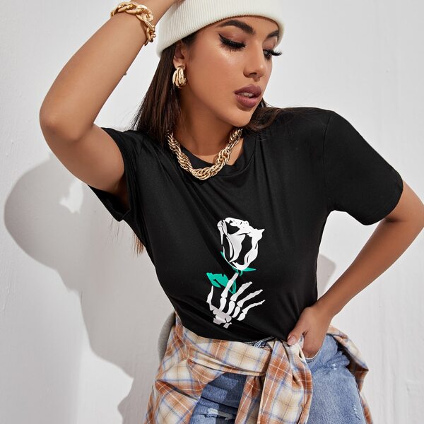 

Skeleton & Floral Graphic Tee, Black