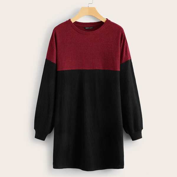 

Plus Two Tone Rib-knit Tee Dress, Black