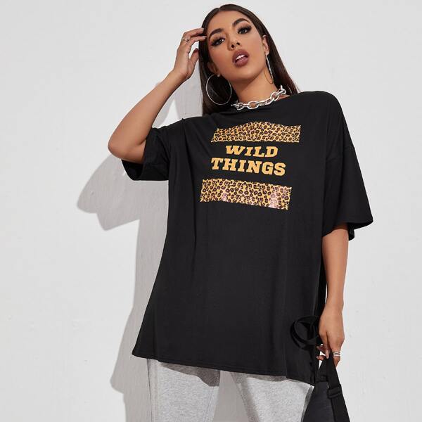 

Drop Shoulder Letter & Leopard Graphic Oversized Tee, Black
