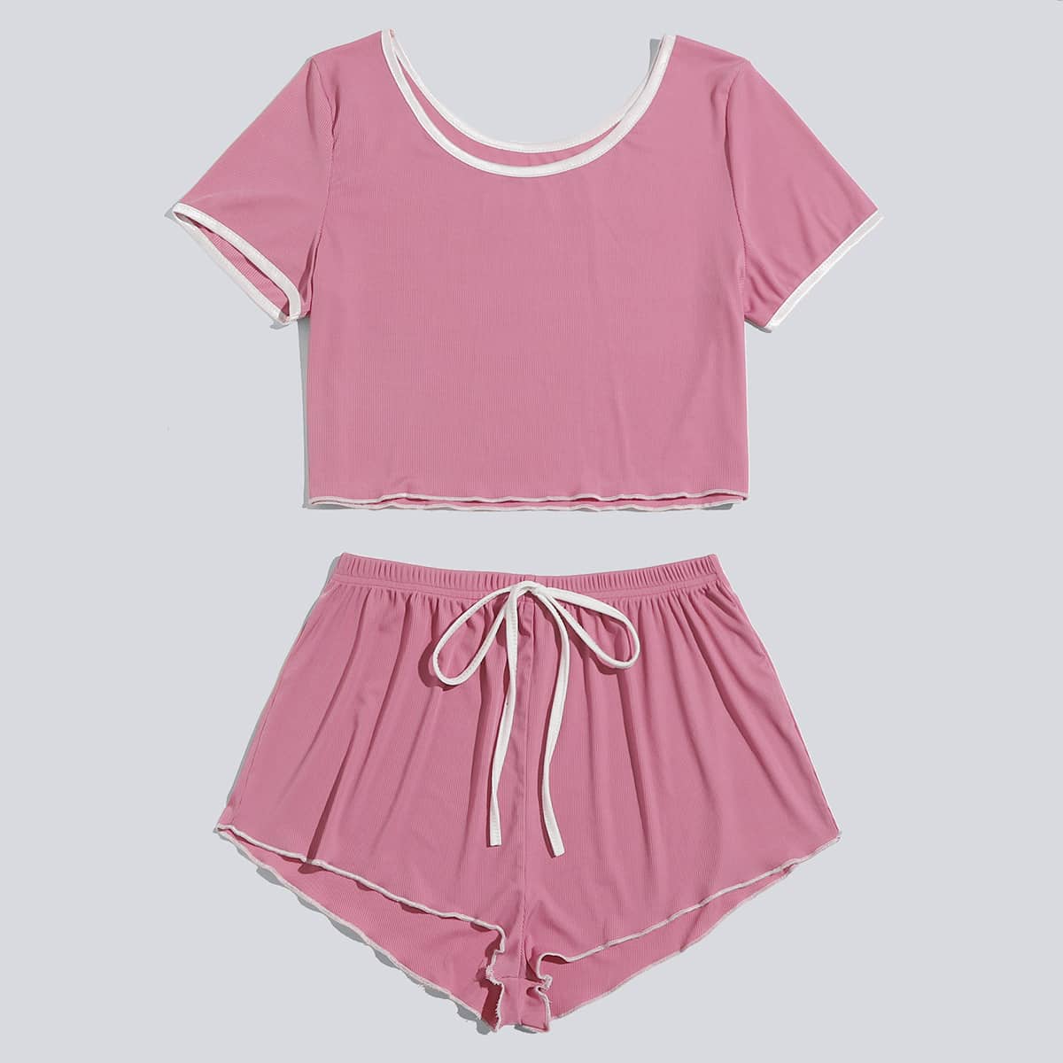 

Contrast Binding Tee & Shorts PJ Set, Dusty pink